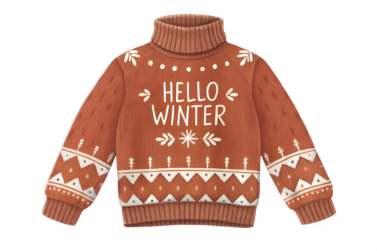 Cozy orange knitted turtleneck sweater with hello winter text isolated on transparent background