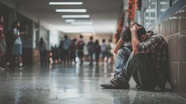 sad caucasian boy sitting against wall in crowded corridor while classmates walk past, backpacks, blurred figures, muted light, lockers, vulnerable posture,