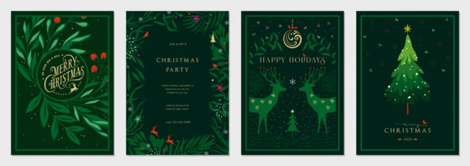 Selbstklebende Fototapeten Marienkäfer Corporate Holiday cards with Christmas tree, reindeers, birds, ornate floral frames, background and copy space. Universal artistic templates.   © KatyaKatya