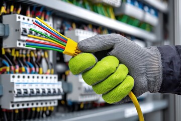Close-up of an electrician holding colorful wires with a protective glove, working in a circuit breaker panel to ensure safety and proper electrical connections.