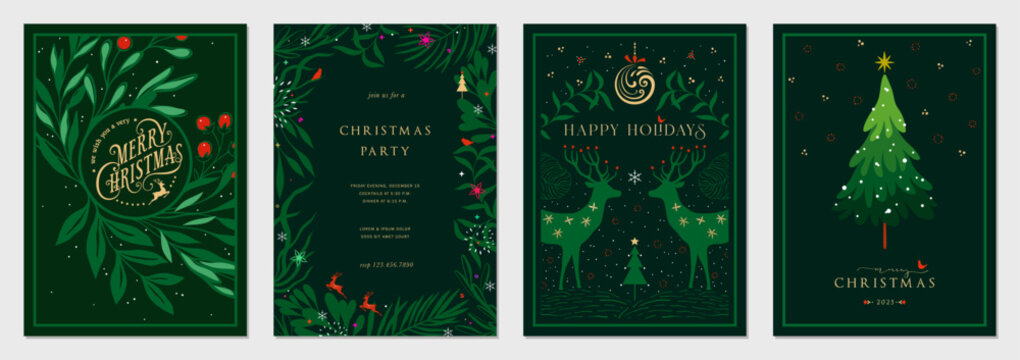 Corporate Holiday cards with Christmas tree, reindeers, birds, ornate floral frames, background and copy space. Universal artistic templates.

