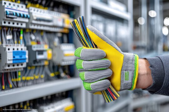 Close-up of an electrician holding colorful wires with safety gloves in front of an electrical panel, demonstrating electrical work expertise and safety precautions.