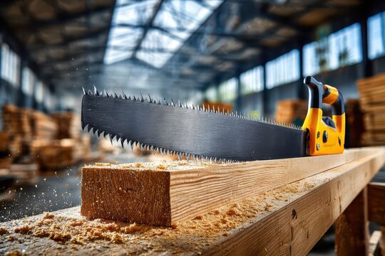 A carpenter using a hand saw to cut a piece of wood in a workshop, creating sawdust and showing the craft of woodworking with precision and skill for home improvement.