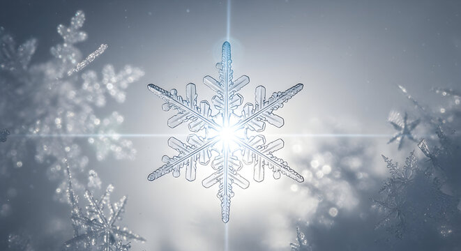 Close up macro photograph of a delicate crystalline snowflake with intricate geometric patterns illuminated by bright light