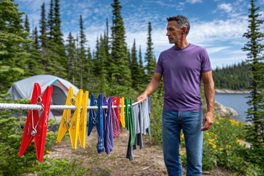 A man hanging his clothes with clothespins in a camping site, in front of his tent and with a beautiful lake in the background, in a beautiful landscape during the summer.