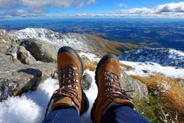 First person view of hiking boots on a mountain peak overlooking a sprawling landscape, with the feeling of adventure and exploring vast natural beauty beneath the sky.
