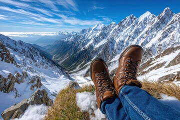 Breathtaking vista of snow-capped mountain range and hiker's boots, resting after a long journey through the winter landscape and scenic blue sky, pristine environment.