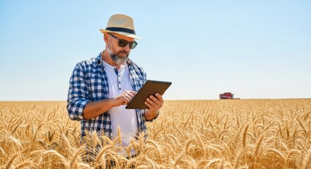 Modern Farmer in Wheat Field: A thoughtful farmer examines his harvest progress, using modern tech in a vast field, embodying the blend of tradition and advancement in agriculture.