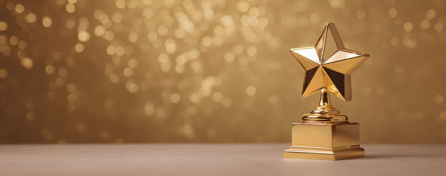 Golden star award on a table with a shimmering bokeh background, symbolizing achievement, excellence, and success for recognition.