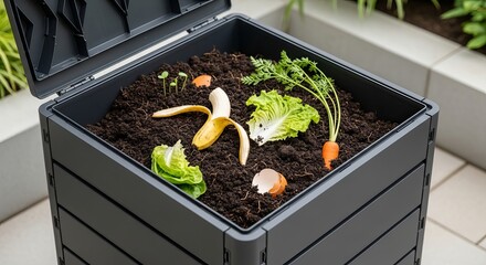Compost bin filled with organic kitchen scraps and garden waste for composting