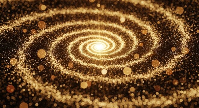 Radiant golden particles swirl dynamically, forming a glittering spiral galaxy in dark space. Bright cosmic dust expands elegantly from the glowing center.