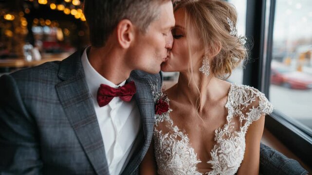 Bride and groom kissing at reception, lace wedding dress and patterned bow tie, soft bokeh lights, closeup romantic portrait capturing joyful intimate moment