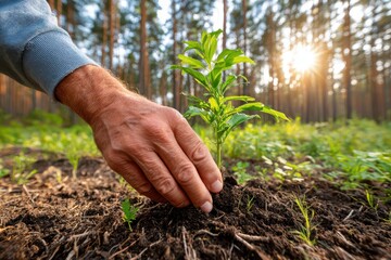 A close-up shot of an older man's hand planting a sapling in fertile soil, with a lush green forest backdrop illuminated by the bright sunlight.