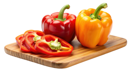 Vibrant red and orange bell peppers freshly sliced on a wooden cutting board isolated on transparent background