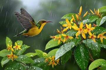 Fototapeta premium A vibrant hummingbird gracefully flies near bright yellow flowers during a light rain shower, showcasing nature's beauty and delicate balance in a tropical setting.