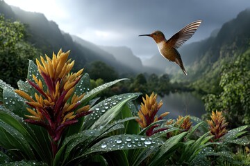 Fototapeta premium A vibrant hummingbird gracefully flies amidst colorful flowers and mountain scenery, enjoying the natural beauty and serene atmosphere of the lush environment.