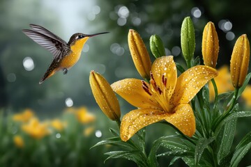 Fototapeta premium A captivating portrait of a hummingbird in flight, gracefully approaching a vibrant yellow lily, adorned with delicate water droplets in a soft, dreamy garden setting.