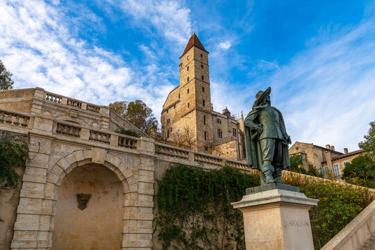 Statue of D'artagnan in front of the Armagnac tower, in Auch, Gers, Occitanie, France.