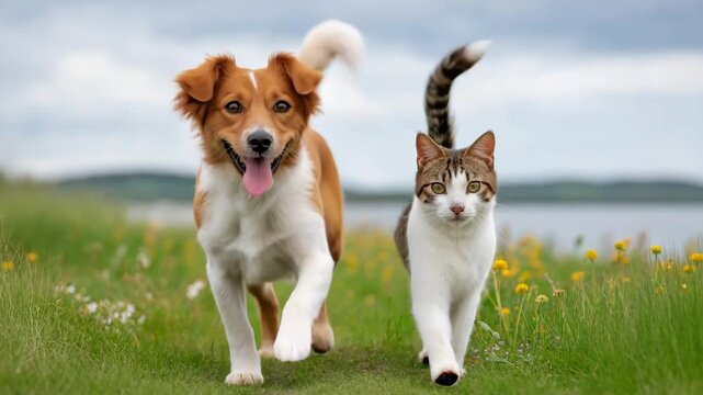 Happy dog and cat running together in a sunny meadow with wildflowers and a lake in the