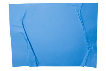 Blue paper wrinkled poster templates, blank paper sheet. Blue paper isolated on transparent background.