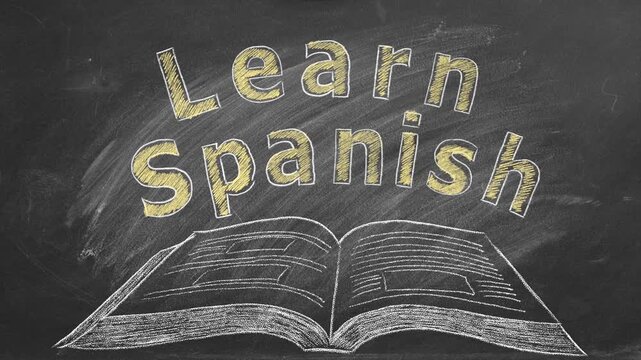 A chalkboard shows the phrase Learn Spanish in bold yellow letters above a sketch of an open book. The image inspires studying and improving language skills in a simple, creative way.