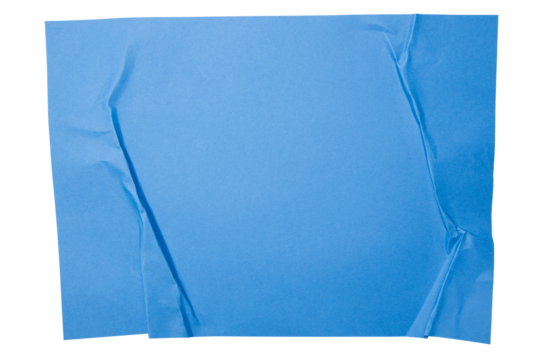 Blue paper wrinkled poster templates, blank paper sheet. Blue paper isolated on transparent background.
