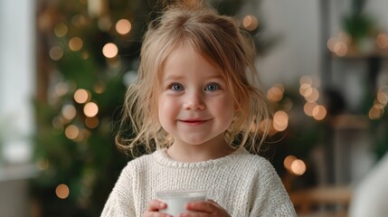 Beautiful family smiling, happy and confident: toddler standing holding cup of water speaking at home celebrating Christmas
