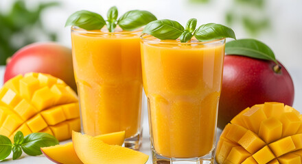 Fototapeta premium Refreshing tropical mango smoothie in tall glasses garnished with fresh green basil leaves surrounded by ripe mangoes