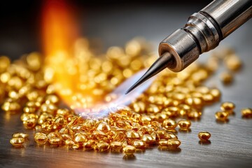 Close-up shot showcasing the precision of a jeweler's torch heating a pile of small golden granules, highlighting craftsmanship, skill, and the meticulous nature of jewelry making.