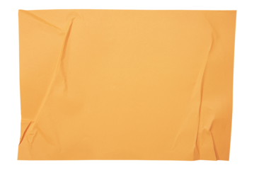 Orange paper wrinkled poster templates, blank paper sheet. Orange paper isolated on transparent background.