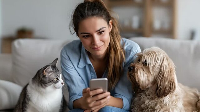 Young woman on sofa with cat and dog looking at smartphone screen happy relaxed domestic pets and