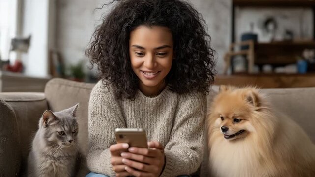 Young woman smiling using smartphone with fluffy Pomeranian dog and grey cat on couch cozy home