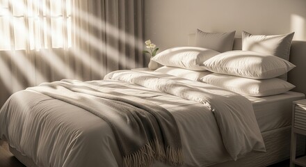 Sunlight streams through sheer curtains onto a neatly made bed with soft neutral bedding and pillows