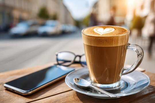 A glass of coffee with a heart-shaped latte art on a wooden table outdoors, with a smartphone and glasses, creating a relaxing ambiance on a sunny day.