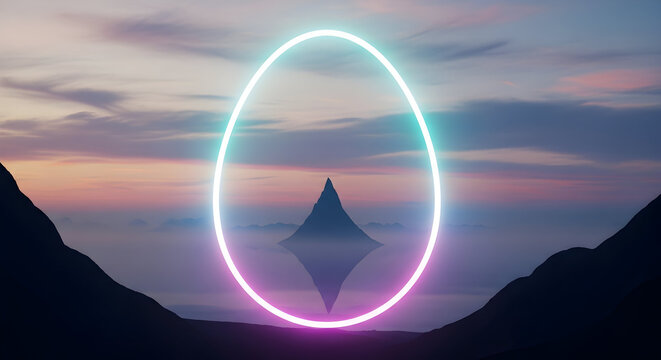 Surreal glowing neon oval portal hovering above misty mountains at sunset with abstract geometric crystal - Powered by Adobe