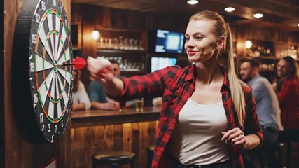 Woman aiming dart at dartboard in pub setting - Powered by Adobe