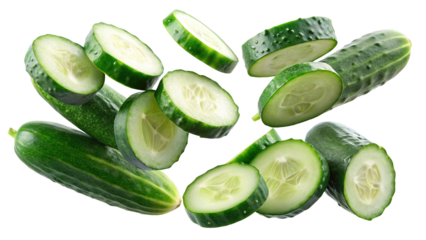Freshly sliced cucumbers and whole cucumbers levitating in mid air isolated on transparent background