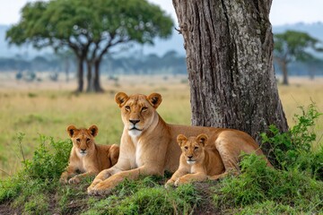 A majestic lioness rests with her cubs near a tree in the African savanna, creating a heartwarming scene of family and wildlife, in a lush, green environment.