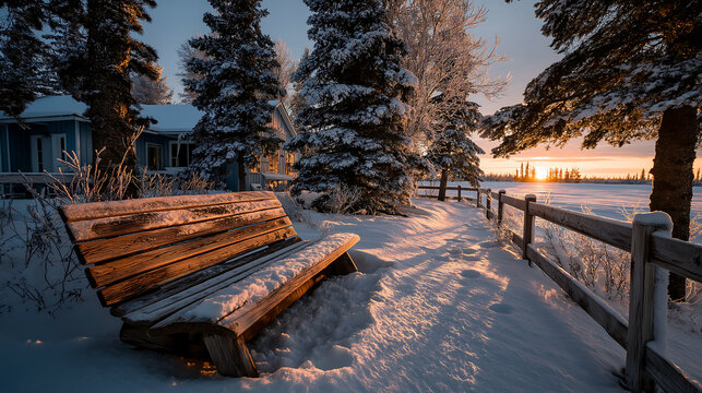 Winter wonderland scene with snow covered bench and sunset landscape view