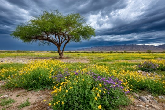Lone mesquite tree blooming in the foreground of a colorful desert wildflower field, as storm clouds gather over distant mountains, promising rain and dramatic skies.