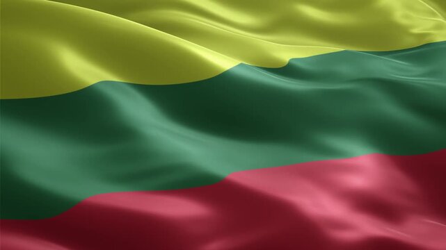 Close-up of the national flag of Lithuania waving in the wind, featuring its distinctive yellow, green, and red horizontal stripes.