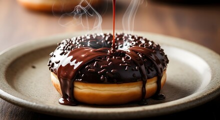 Indulge in decadent chocolate donut delight with warm glaze dripping down, a sweet treat for any time of day, delicious dessert temptation