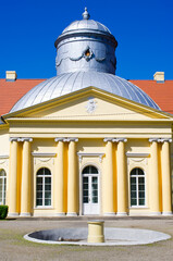 Stunning facade with architectural details in sunshine, Milicz, Poland