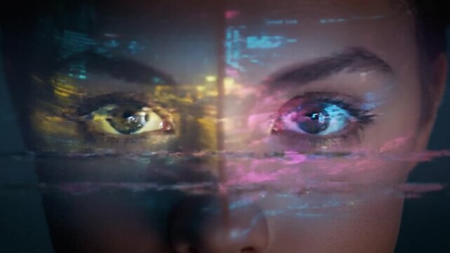 Futuristic Human Eyes with Dual-Toned Digital Glitch Overlay: AI, Data Processing, and Cybernetic Vision Concept