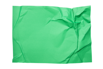 Green paper wrinkled poster templates, blank paper sheet. Green paper isolated on transparent background.