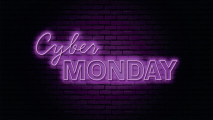 Fototapeta premium Cyber monday neon sign with dollar signs and percentage symbols on a dark brick wall background