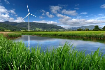 Scenic landscape of wind turbines in a green field near a lake, on a bright sunny day with blue skies and fluffy clouds creating a peaceful and sustainable environment.