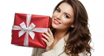 Smiling woman holding a red christmas gift box with a white bow on transparent background