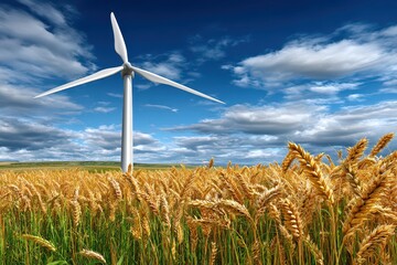 A picturesque view of a wind turbine standing tall in a golden wheat field, beneath a vibrant blue sky dotted with fluffy white clouds, suggesting sustainable energy.