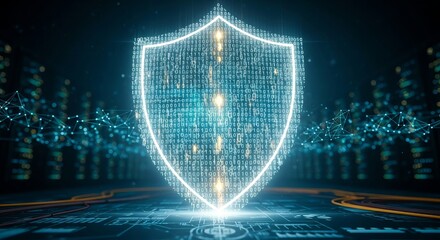 Digital shield made of binary code protecting data in a futuristic cyber security concept